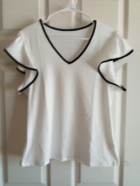 V-Neck Ruffle Sleeve Top with Contrast Trim - White